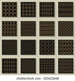 Set of 16 abstract gold geometric patterns. Classic black and white wallpaper. Vector illustration. Fantasy background with geometric shapes. 