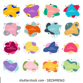 Set of 16 abstract graphic liquid elements in memphis style. Dynamical waves colored fluid shapes. Isolated banners with flowing liquids. Template for the design of a logo, flyer or presentation.