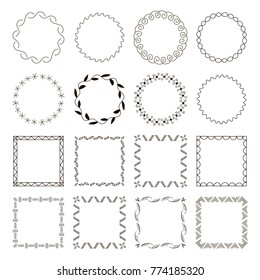 Set of 16 Abstract simple trendy geometric frames. Round and square shapes, borders with monochrome trellis. Bends, doodles and tittles. Vector frames and borders. Simple graphic design. Abstract