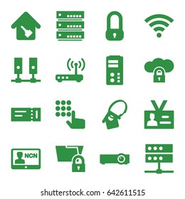 Set of 16 access filled icons such as ticket, badge, home key tag, router, wi-fi, lock, hand on atm, server, cloud protection