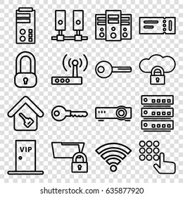 Set of 16 access outline icons such as ticket, key, home key, vip door, wi-fi, router, lock, hand on atm, server, cloud protection