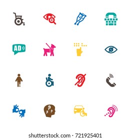 Set Of 16 Accessibility Icons Set.Collection Of Artificial Limb, Ad, Listening Device And Other Elements.