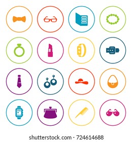 Set Of 16 Accessories Icons Set.Collection Of Eardrop, Strap, Woman Hat And Other Elements.