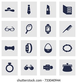 Set Of 16 Accessories Icons Set.Collection Of Spectacles, Sunglasses, Bow Tie And Other Elements.