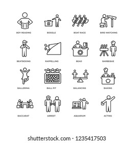 Set Of 16 Activity and Hobbies linear icons such as Acting, Aquarium, Arrest, Baccarat, Baking, Boy Reading, Beatboxing, Ballerina, Bead, editable stroke icon pack, pixel perfect