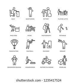 Set Of 16 Activity and Hobbies linear icons such as Modeling, Motorcycle riding, Quilt, Newspaper readign, Origami, Pachinko, Paintball, Questioning, editable stroke icon pack, pixel perfect