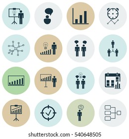 Set Of 16 Administration Icons. Includes Reminder, Decision Making, Company Statistics And Other Symbols. Beautiful Design Elements.
