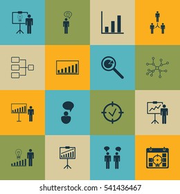 Set Of 16 Administration Icons. Includes Special Demonstration, Group Organization, Opinion Analysis And Other Symbols. Beautiful Design Elements.