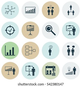 Set Of 16 Administration Icons. Includes Conversation, Decision Making, Presentation Date And Other Symbols. Beautiful Design Elements.