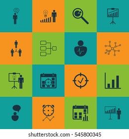 Set Of 16 Administration Icons. Includes Bar Chart, Opinion Analysis, Group Organization And Other Symbols. Beautiful Design Elements.
