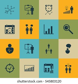 Set Of 16 Administration Icons. Includes Decision Making, Group Organization, Approved Target And Other Symbols. Beautiful Design Elements.