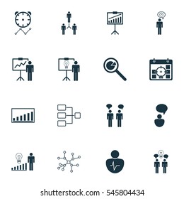 Set Of 16 Administration Icons. Includes Solution Demonstration, Report Demonstration, Company Statistics And Other Symbols. Beautiful Design Elements.