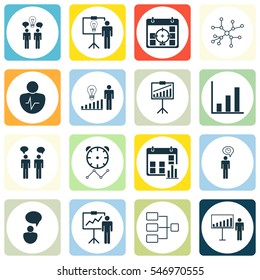 Set Of 16 Administration Icons. Includes Solution Demonstration, Decision Making, Planning And Other Symbols. Beautiful Design Elements.