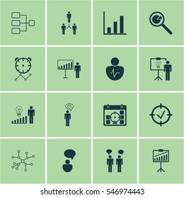 Set Of 16 Administration Icons. Includes Project Analysis, Group Organization, Decision Making And Other Symbols. Beautiful Design Elements.