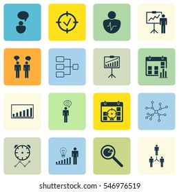 Set Of 16 Administration Icons. Includes Report Demonstration, Presentation Date, Group Organization And Other Symbols. Beautiful Design Elements.