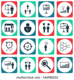 Set Of 16 Administration Icons. Includes Report Demonstration, Presentation Date, Approved Target And Other Symbols. Beautiful Design Elements.