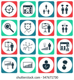 Set Of 16 Administration Icons. Includes Co-Working, Group Organization, Presentation Date And Other Symbols. Beautiful Design Elements.