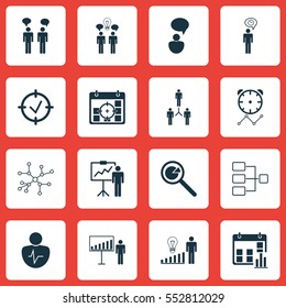 Set Of 16 Administration Icons. Includes Special Demonstration, Decision Making, Group Organization And Other Symbols. Beautiful Design Elements.