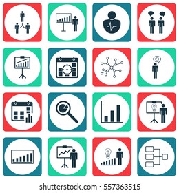 Set Of 16 Administration Icons. Includes Decision Making, Company Statistics, Solution Demonstration And Other Symbols. Beautiful Design Elements.