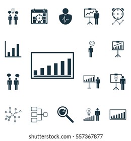 Set Of 16 Administration Icons. Includes Company Statistics, Planning, Bar Chart And Other Symbols. Beautiful Design Elements.