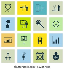 Set Of 16 Administration Icons. Includes Group Organization, Project Targets, Project Presentation And Other Symbols. Beautiful Design Elements.