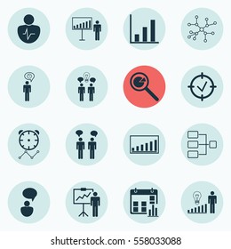 Set Of 16 Administration Icons. Includes Personal Character, Team Meeting, Decision Making And Other Symbols. Beautiful Design Elements.