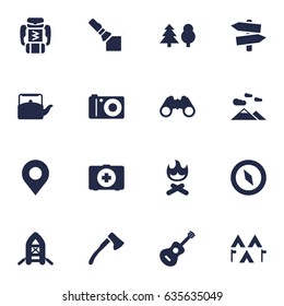 Set Of 16 Adventure Icons Set.Collection Of Camp, First Aid Box, Flashlight And Other Elements.