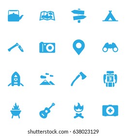Set Of 16 Adventure Icons Set.Collection Of Acoustic, Inflatable Raft, Tent And Other Elements.