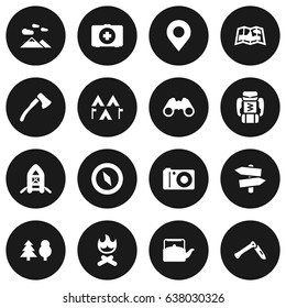 Set Of 16 Adventure Icons Set.Collection Of Location, Backpack, Wood Axe And Other Elements.