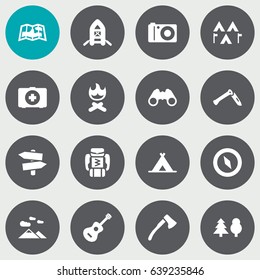 Set Of 16 Adventure Icons Set.Collection Of Acoustic, Map, Campfire And Other Elements.
