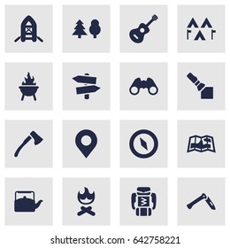 Set Of 16 Adventure Icons Set.Collection Of Map, Inflatable Raft, Campfire And Other Elements.