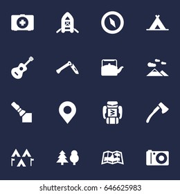 Set Of 16 Adventure Icons Set.Collection Of Backpack, Tree, Wood Axe And Other Elements.