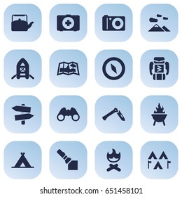 Set Of 16 Adventure Icons Set.Collection Of First Aid Box, Jackknife, Signpost And Other Elements.