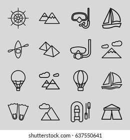 set of 16 adventure outline icons such as tent, mountain, air balloon, helm, sailboat, rowing boat, snorkel, underwater mask, flippers