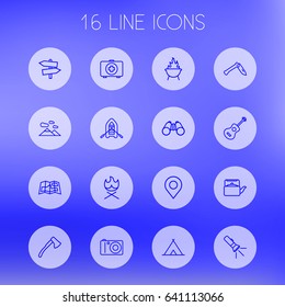 Set Of 16 Adventure Outline Icons Set.Collection Of Grill, Pocket Torch, Teapot And Other Elements.