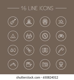Set Of 16 Adventure Outline Icons Set.Collection Of Photographing, Rubber Boat, Ax And Other Elements.
