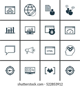 Set Of 16 Advertising Icons. Can Be Used For Web, Mobile, UI And Infographic Design. Includes Elements Such As Target, Conference, Research And More.