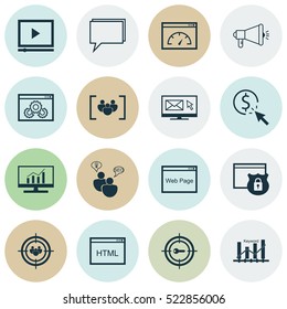 Set Of 16 Advertising Icons. Can Be Used For Web, Mobile, UI And Infographic Design. Includes Elements Such As Per, Comprehensive, Browser And More.