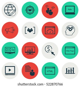 Set Of 16 Advertising Icons. Can Be Used For Web, Mobile, UI And Infographic Design. Includes Elements Such As Group, Client, Display And More.