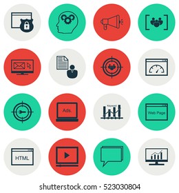 Set Of 16 Advertising Icons. Can Be Used For Web, Mobile, UI And Infographic Design. Includes Elements Such As Brain, HTML, Marketing And More.