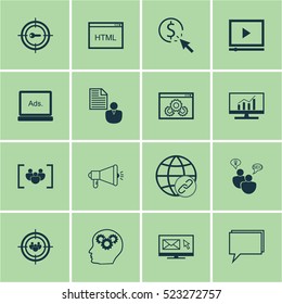 Set Of 16 Advertising Icons. Can Be Used For Web, Mobile, UI And Infographic Design. Includes Elements Such As SEO, Viral, Creativity And More.