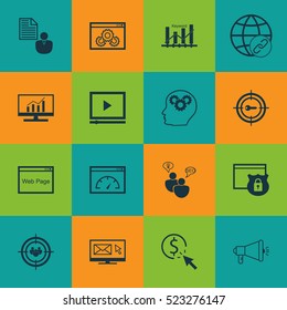 Set Of 16 Advertising Icons. Can Be Used For Web, Mobile, UI And Infographic Design. Includes Elements Such As Web, Businessman, Research And More.