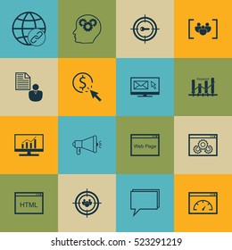 Set Of 16 Advertising Icons. Can Be Used For Web, Mobile, UI And Infographic Design. Includes Elements Such As Per, Viral, Target And More.