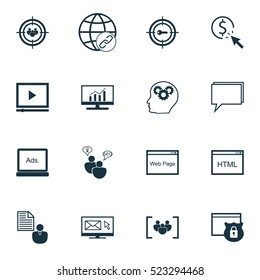 Set Of 16 Advertising Icons. Can Be Used For Web, Mobile, UI And Infographic Design. Includes Elements Such As Online, Dynamics, Browser And More.