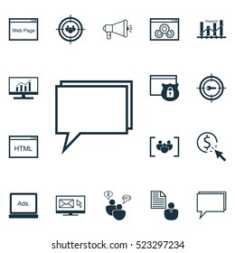Set Of 16 Advertising Icons. Can Be Used For Web, Mobile, UI And Infographic Design. Includes Elements Such As Group, Performance, Website And More.