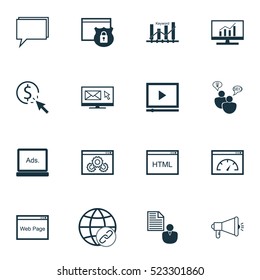 Set Of 16 Advertising Icons. Can Be Used For Web, Mobile, UI And Infographic Design. Includes Elements Such As Online, Display, Link And More.