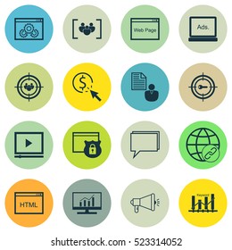 Set Of 16 Advertising Icons. Can Be Used For Web, Mobile, UI And Infographic Design. Includes Elements Such As Keyword, Video, Bulding And More.