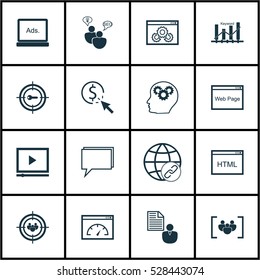 Set Of 16 Advertising Icons. Can Be Used For Web, Mobile, UI And Infographic Design. Includes Elements Such As Web Page Performance, Keyword Marketing, Coding And More.