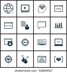 Set Of 16 Advertising Icons. Can Be Used For Web, Mobile, UI And Infographic Design. Includes Elements Such As Conference, Report, Digital Media And More.