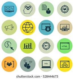 Set Of 16 Advertising Icons. Can Be Used For Web, Mobile, UI And Infographic Design. Includes Elements Such As Digital Media, Questionnaire, Keyword Marketing And More.